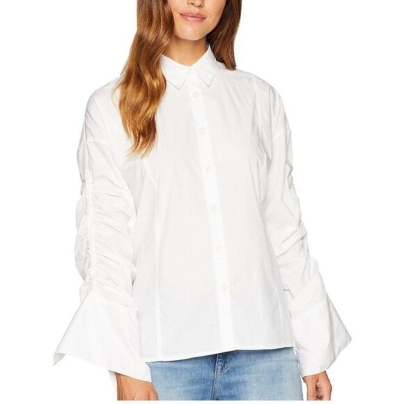 NWT FREE PEOPLE Puff Ruched Sleeve Button Shirt M - Picture 1 of 8